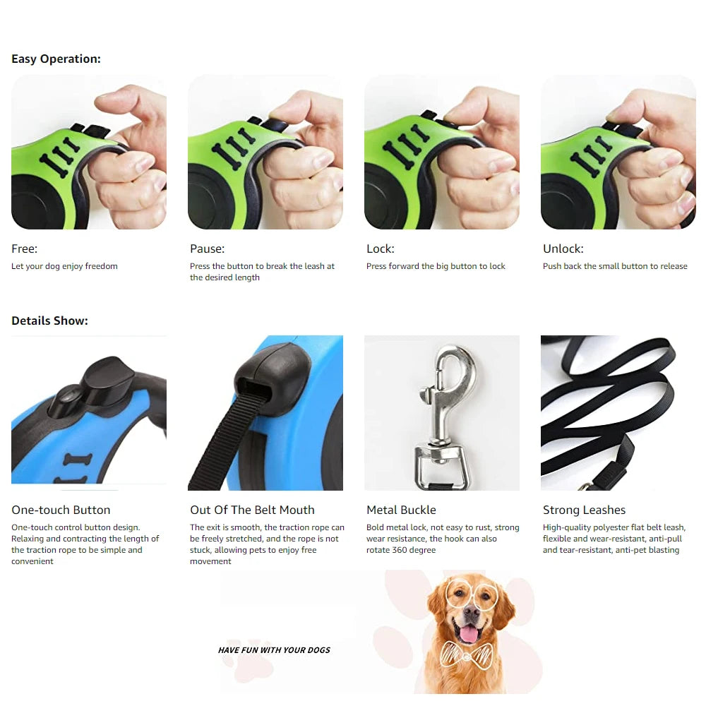 3M/5M Retractable Dog Leash – Automatic Nylon Lead for Dogs