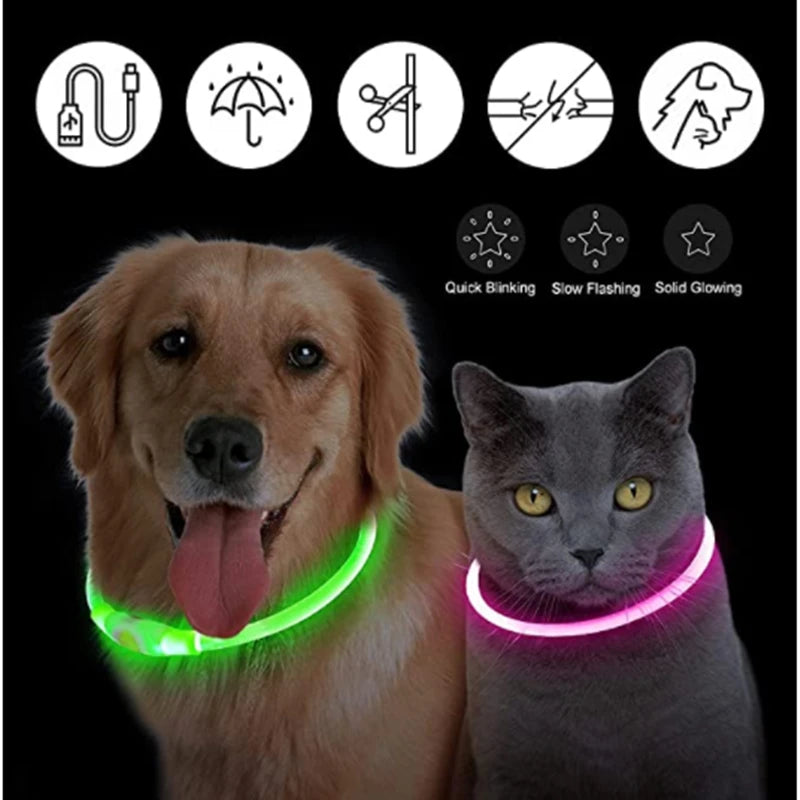 LED Glowing Pet Collar – Rechargeable Night Safety Light for Dogs & Cats